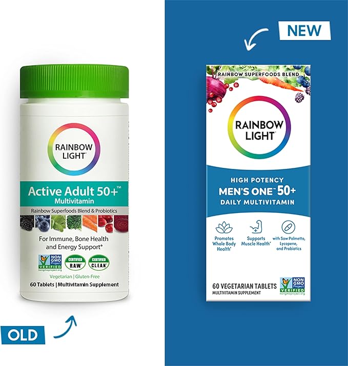 Rainbow Light Multivitamin for Men 50+, Vitamin C, D & Zinc, Probiotics, Men's One 50+ Multivitamin Provides High Potency Immune Support, Non-GMO, Vegetarian, 60 Tablets