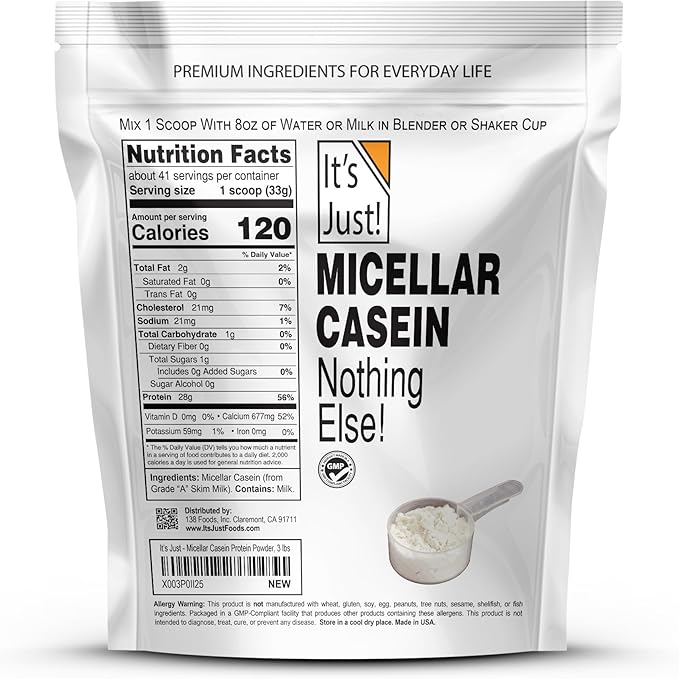 It's Just! - 100% Casein Protein Powder, Made in USA, One Ingredient, Slow Burning, Time Release, 6.9g BCAAs, 1g Carb, Non-GMO (Unflavored, 3lbs/48oz)