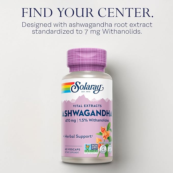 SOLARAY Vital Extracts Ashwagandha - 470 mg Ashwagandha Root Extract Standardized to 7 mg Withanolides - Vegan, Non-GMO, Lab Verified, 60-Day Guarantee - 60 Servings, 60 VegCaps