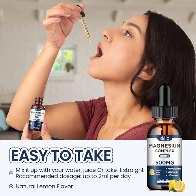 Magnesium Glycinate Liquid Drops, Triple Magnesium Complex Supplement with Citrate, Malate 500mg Ashwagandha, L-Theanine, Vitamin B6 for Sleep, Calm, Stress Relief, Bone, Muscle, Mood - Lemon Flavor