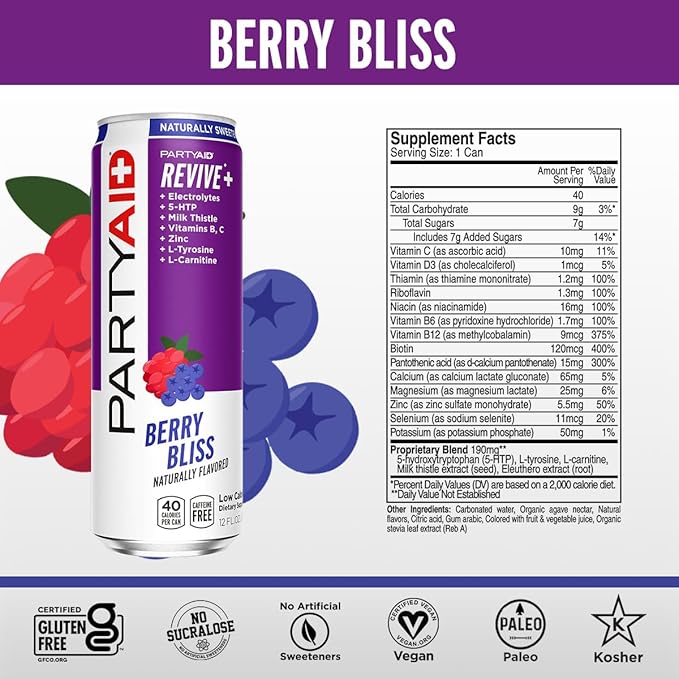 PARTYAID Rehab Blend, Feel Good Tonight and Tomorrow, Contains 5-HTP, B-Complex, Milk Thistle, Electrolytes, No Artificial Flavors or Sweeteners, Caffeine-Free, 12 Fl Oz (Pack of 4)