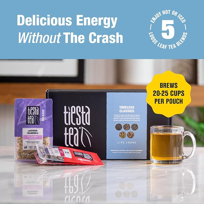 Tiesta Tea - Classic Tea Loose Leaf Father’s Day Tea Gift Set Sampler | High to No Caffeine | Hot & Iced Ready | Assorted English Breakfast, Green, Chai, Lavender & Herbal Blends | 5 Pouches