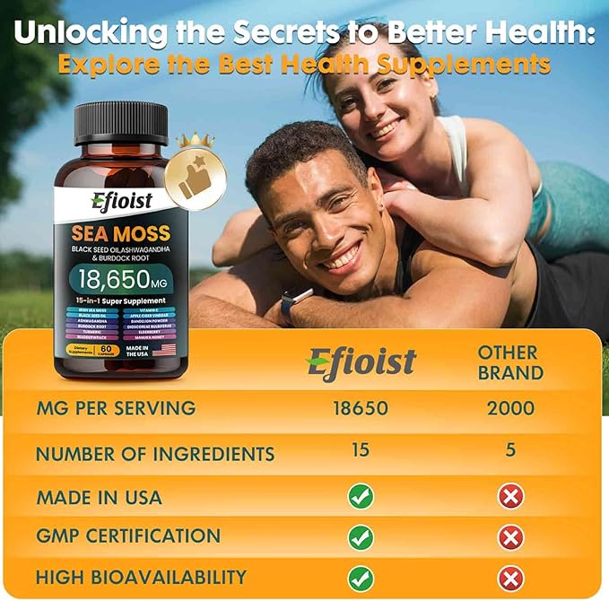 Sea Moss Black Seed Oil Ashwagandha Ginger & Burdock Root Turmeric Bladderwrack Chlorophyll ACV Supplement for Immunity, Skin 120 Count