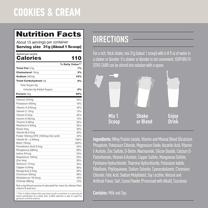 Isopure Zero Carb 100% Pure Whey Isolate Protein Powder, Lactose Free, Gluten Free, With Vitamins, Cookies & Cream, 25g Protein Per Serving, 1 Lb, 15 Servings