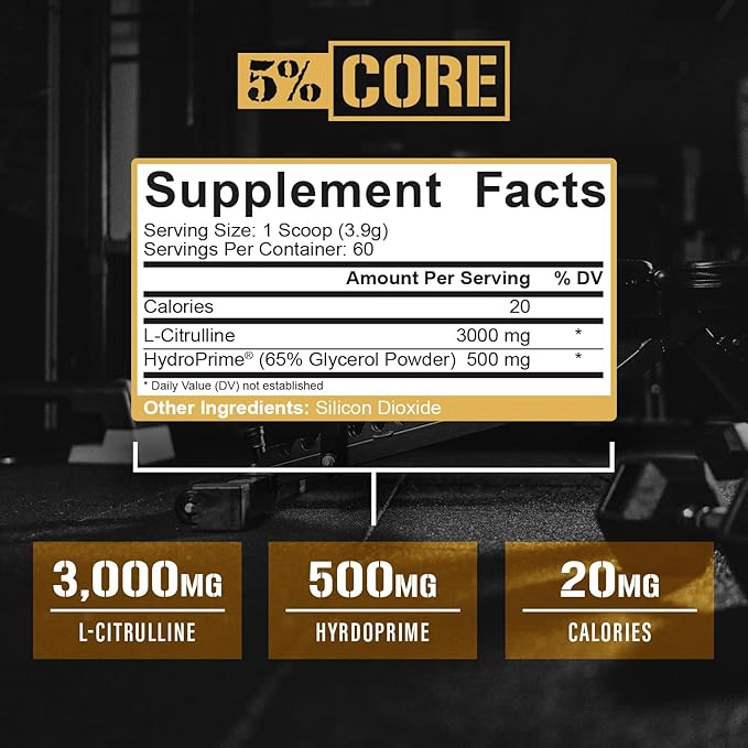 5% Nutrition Core L-Citrulline 3000 with Glycerol | Nitric Oxide Booster & Muscle Pump Supplement | Pre-Workout Additive | Unflavored (60 Servings)