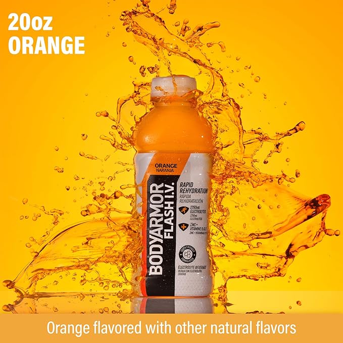BODYARMOR Flash I.V. Electrolyte Beverage, Orange, Hydration Drink with Coconut Water For Rapid Rehydration, Post Workout Recovery, 20 Fl Oz (Pack of 12)