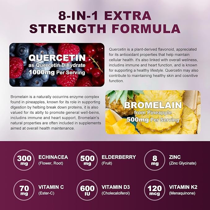 Quercetin Gummies with Bromelain 2378mg - Blend with Elderberry, Echinacea Purpurea Extract, Zinc, Vitamin C,D3,K2, Complex Supports Immune, Cardiovascular & Respiratory, Vegan Gummy for Adult & Kid