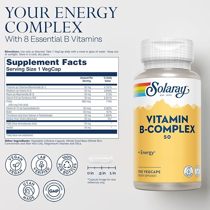 SOLARAY Vitamin B Complex 50 mg - Cellular Energy Vitamins - Metabolism and Nerve Health Support with Vitamin B12, Vitamin B1, B6, Niacin, Folic Acid, Biotin and Other B Vitamins - Vegan, 100 VegCaps