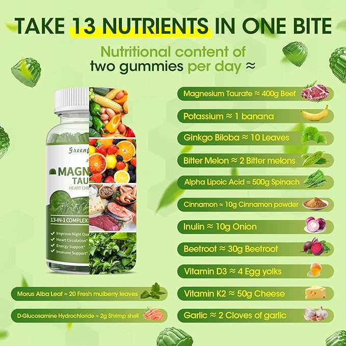 Magnesium Taurate Gummies, 13-in-1 Complex - Beetroot, Alpha Lipoic Acid, Cinnamon, Heart Support, Good Sleep, Sugar Free, High Absorption Magnesium Supplement, Matcha Flavor, 90 Gummies