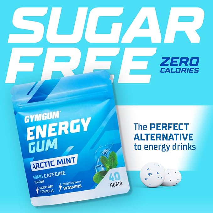 GYMGUM Energy Caffeine Gum | 50mg Caffeine | Sugar-Free, Keto-Friendly | Fast-Acting Energy & Focus Gum with Guarana & L-Theanine (40 Count, Arctic Mint)