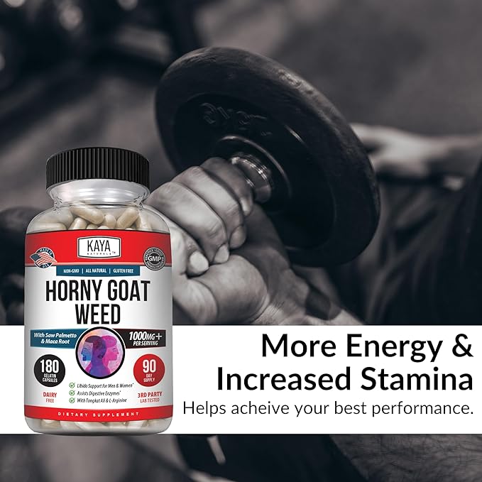 Kaya Naturals Horny Goat Weed Extract - Maca - Extra Strength Complex with Saw Palmetto Ginseng, Arginine Vitamin Supplement - Horny Goat Weed - 180 Count