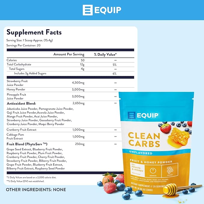 Equip Foods Clean Carbs | 15+ Fruits and Honey Superfood Powder | Post Workout Recovery Powder | Antioxidants, Carbohydrate Supplement | Immune Support Carb Cleaner | 20 Servings, Unflavored