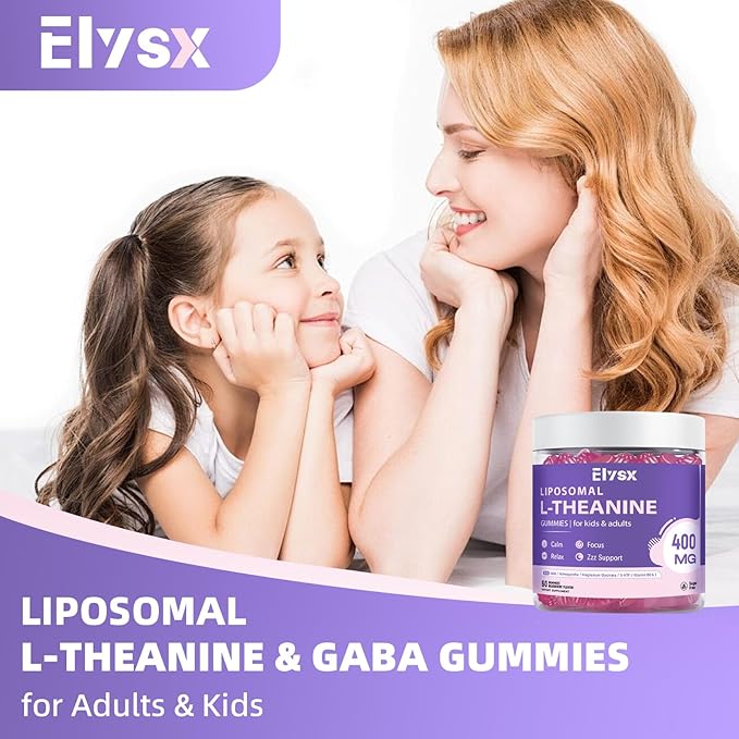 Liposomal L Theanine Gummies, Chewable L-Theanine 400mg with GABA Supplement for Kids & Adults, Stress Relief, zzZ and Relaxation, Focus Support, Natural Blueberry Flavor, 60 Count