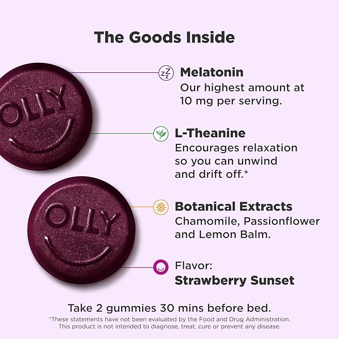 OLLY Max Strength Sleep Gummy, 10mg Melatonin, L-Theanine, Chamomile, Lemon Balm, Sugar Free, Vegetarian Sleep Aid, Strawberry - 50 Count