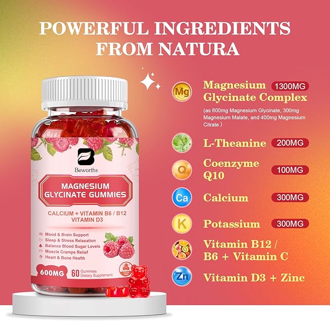 (2 Pack) 600 Mg Magnesium Glycinate Gummies, Magnesium Supplement Complex Magnesium Malate, Magnesium Citrate & Potassium, Supports Night & Joint, Energy Boost, Vegan & 0-Sugar, Raspberry 120 Count