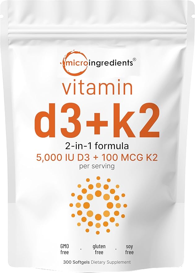 Micro Ingredients Vitamin D3 5,000iu + K2 100mcg Softgels & Omega-3 Fish Oil 120 Softgels Bundle 2 Pack | Essential Sunshine Vitamins | Wild-Caught Fish, Lemon Flavored, Burpless