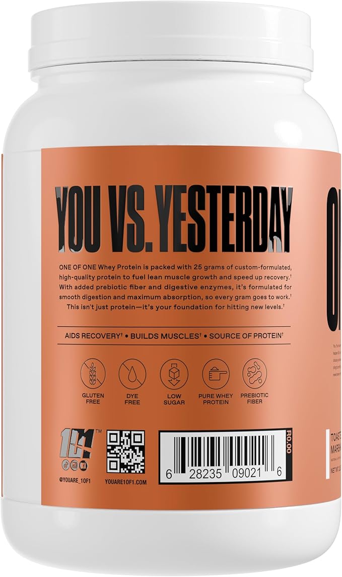 ONE OF ONE Whey Protein Powder – 25g Whey Protein Concentrate with Digestive Enzymes, Gluten Free, Low Carb, Post-Workout Recovery – Toasted Marshmallow Flavor, 2lb