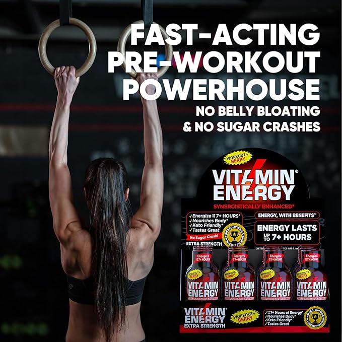 Vitamin Energy Workout+ Extra Strength Daily Energy Shot – Berry – 260mg Natural Caffeine, B-Vitamins – Pre-Workout & Endurance Support – Zero Sugar, Vegan, Kosher – 1.93 fl oz, 48-Pack