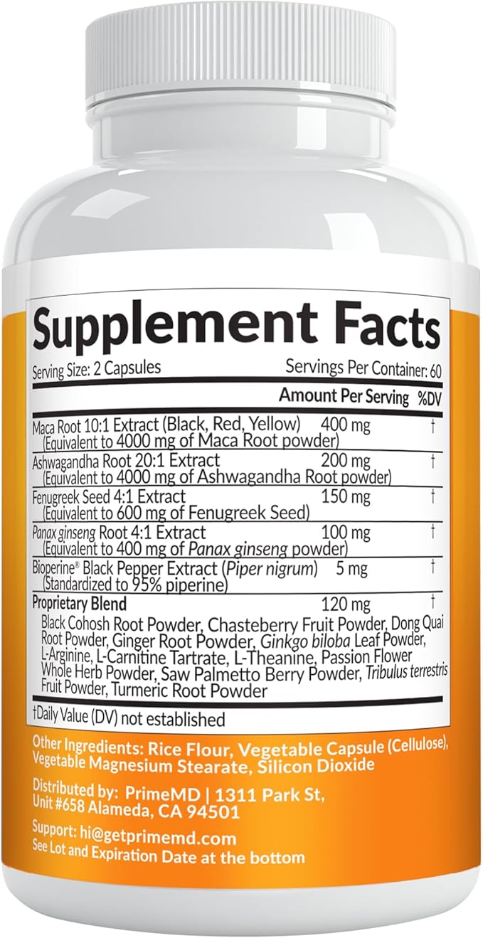 PrimeMD 19-in-1 Extra Strength Peruvian Maca Root Capsules - 9125 mg Ashwagandha Supplements with Fenugreek and Ginseng for Mood, Hormone and Performance Support (120 ct) (2-Pack)
