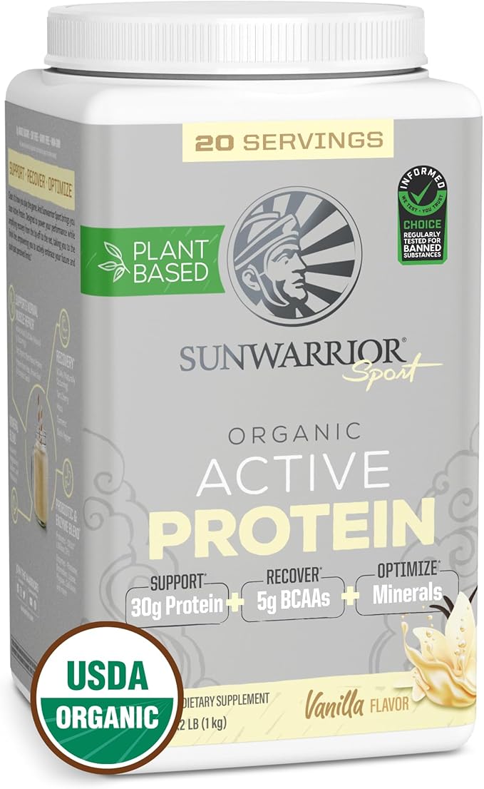 Sunwarrior Vegan Protein Powder Plant-Based USDA Organic Protein BCAAs Sugar, Gluten, Dairy Free Non-GMO Vanilla Flavored 20 Servings Sport Active