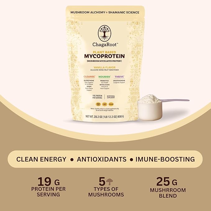 Mycoprotein Mushroom Protein Powder - Vegan Protein, Plant Based, Superfood, Master Blend of Chaga, Reishi, Turkey Tail, Shiitake, Lions Mane - Vanilla (1.76 lb)