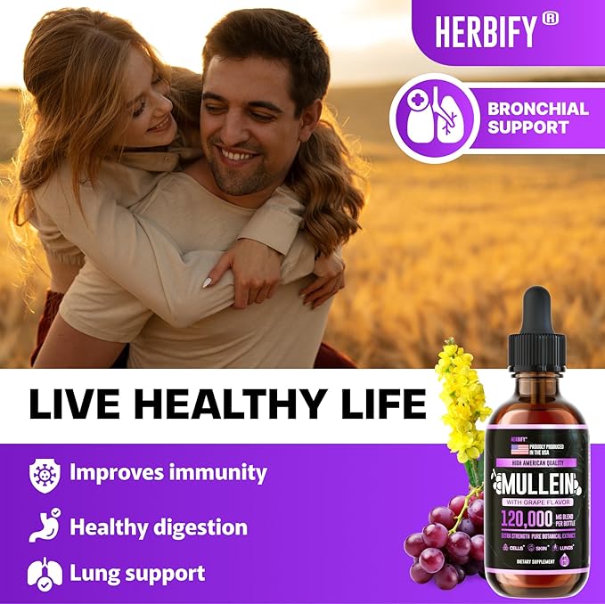 HERBIFY Mullein Drops - Lung Cleanse - Leaf Extract - Powerful Mullein for Immune Support,Detox & Respiratory Support - Made in USA - Herbal Supplements - 4 Oz Grape Flavor