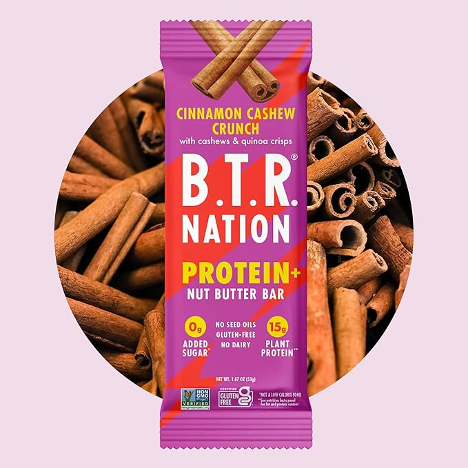 B.T.R. Nation Vegan Keto Plant Based High Protein & High Fiber Bars - Cinnamon Cashew Crunch Protein+ | 12 Bars | Low Carb & GF, Free of Sugar Alcohols, Dairy, Soy and with Powerful Superfoods!