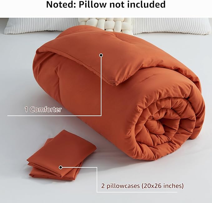 CozyLux Terracotta Comforter Set Full Size, 3 Pieces Solid Burnt Orange Breathable Quilted Style Bedding Sets, Rust Luxury Fluffy Soft Microfiber Comforter for All Season(1 Comforter & 2 Pillowcases)