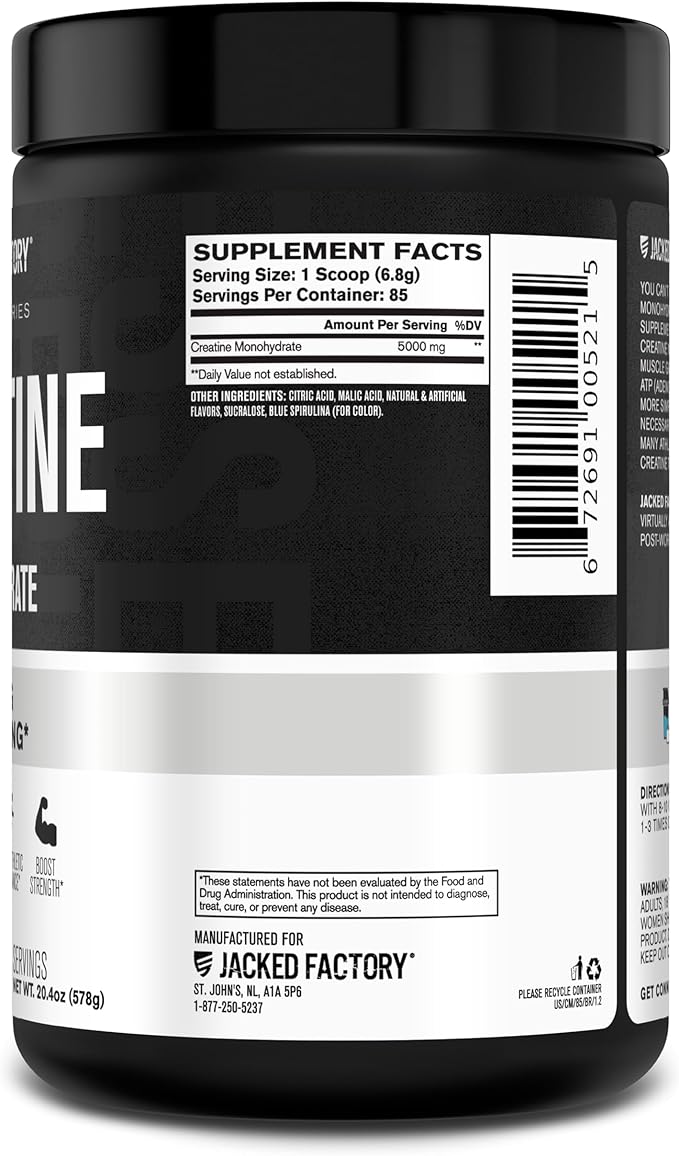 Jacked Factory Flavored Creatine Monohydrate Powder 425g - Creatine Supplement for Muscle Growth, Strength & Performance - 85 Servings, Blue Raspberry