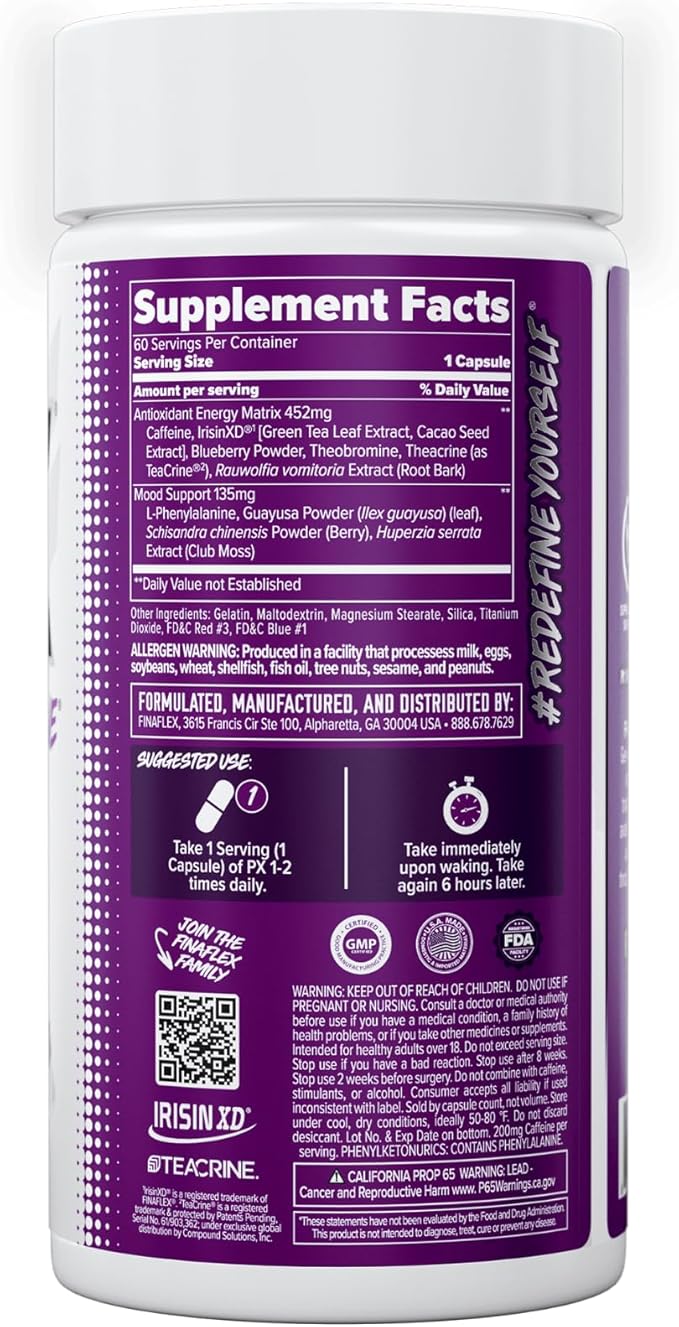 FINAFLEX PX PRO Xanthine - 60 Capsules - Thermogenic - Promotes Energy, Focus & Appetite Suppression - with Caffeine & TeaCrine - 60 Servings