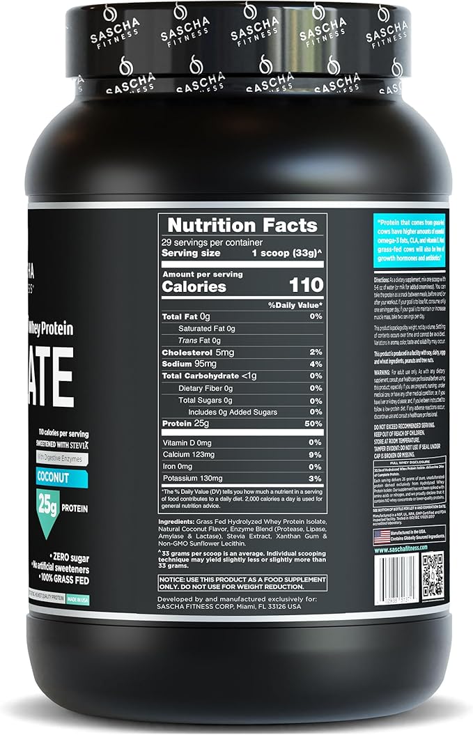 SASCHA FITNESS Hydrolyzed Whey Protein Isolate,100% Grass-Fed (2 Pounds, Coconut)