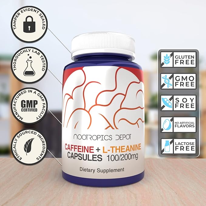 Nootropics Depot Caffeine and L-Theanine Capsules | 60 Pills | Contains 100mg of Caffeine and 200mg of L-Theanine | Natural Supplement | Energy Booster | Mental Focus + Alertness | Coffee Alternative