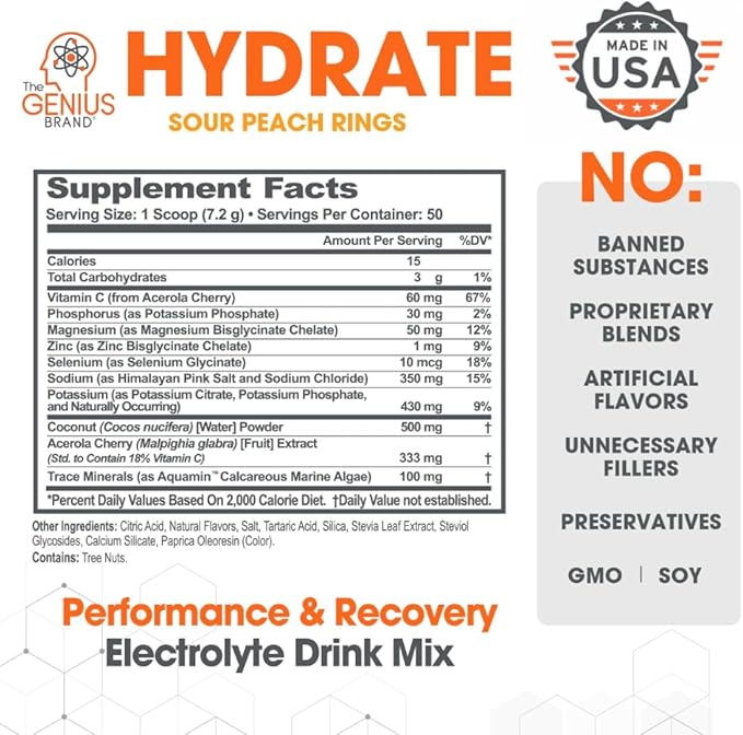 The Genius Brand - Genius Hydrate Powder Drink Mix Sour Peach Rings 50 Servings Electrolyte Hydration Booster Supplement with Coconut Water Potassium Magnesium Zinc Sugar Free No Artificial Sweetener