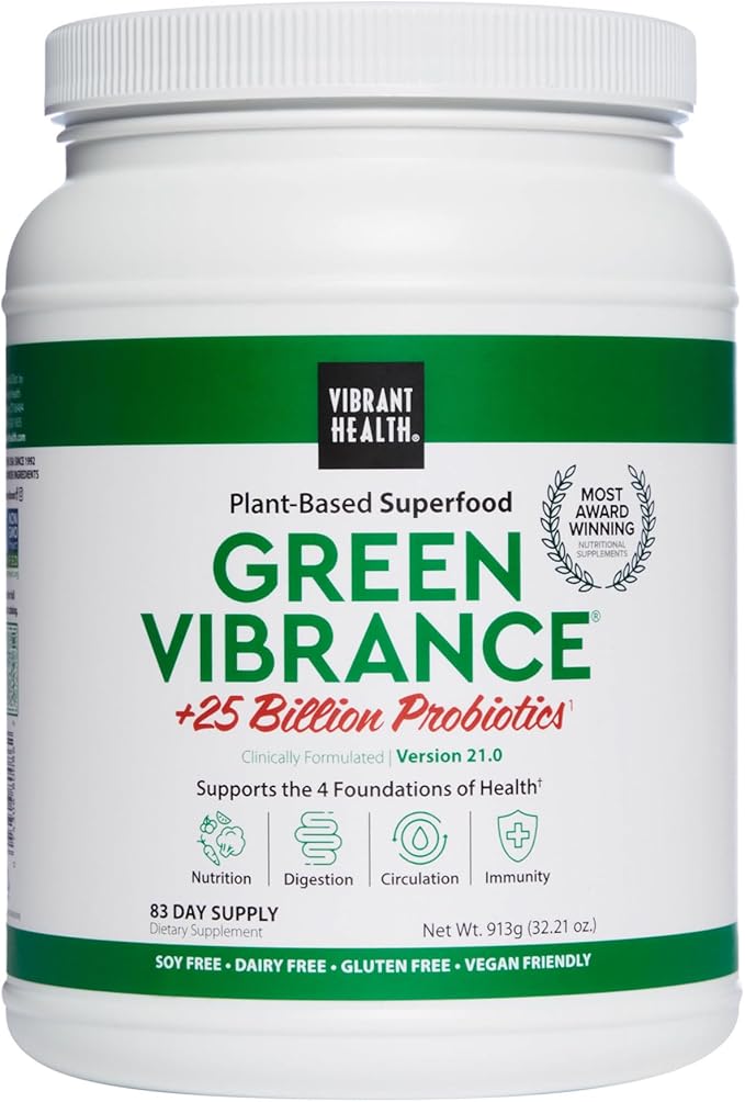 Vibrant Health, Green Vibrance, Includes 65 Plant-Based Superfoods, 25 Billion Probiotics, Fiber, Adaptogens & Enzymes, 83 Servings (FFP)