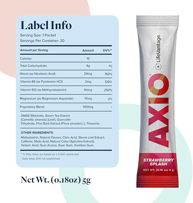 LifeVantage - AXIO - Regular Energy Drink Powder,Strawberry Splash - with B Vitamin, DMAE, L-Theanine, Quercetin, Green Tea and Pine Bark - 30 Packets