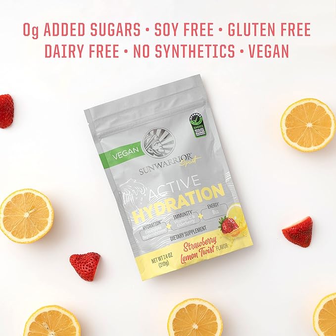 Sunwarrior Vegan Hydration Blend Electrolyes Supplement | Elderberry Coconut Water Real Salt Soy Free Sugar Free Synthetic Free Gluten Free Dairy Free | Strawberry 30 Servings | Active Hydration