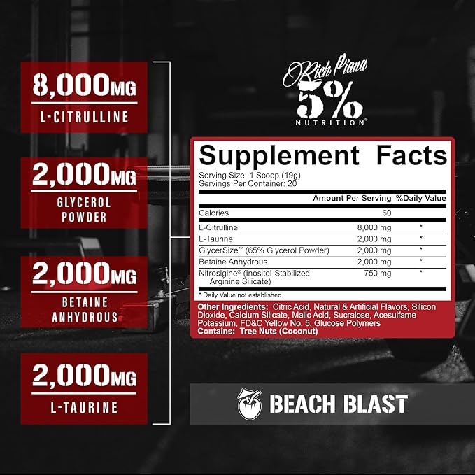 5% Nutrition FullAF Pre-Workout | Stim-Free with Massive Pumps | L-Citrulline, L-Taurine, Nitrosigine, GlycerSize (Beach Blast)