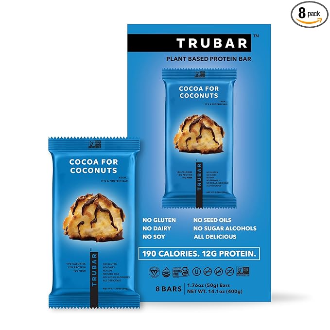 TRUBAR Vegan Protein Bar, Cocoa For Coconuts, Gluten Free, Plant Based Protein, Dairy Free, Non GMO, Soy Free, No Sugar Alcohols, 12G Protein, 12G Fiber, 23G Carb, On the Go Snack Bars, 8ct