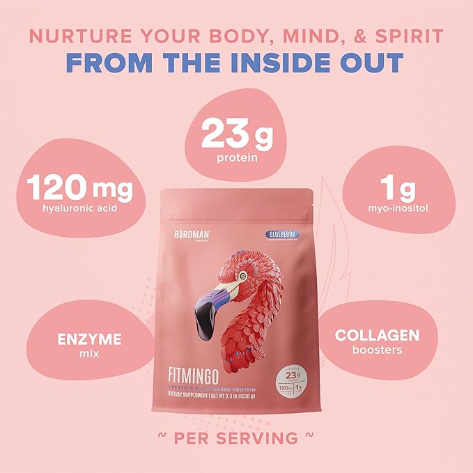 Fitmingo Vegan Protein Powder for Women with Inositol, Collagen Boosters, Hyaluronic Acid & Vitamins | Low Carb, Dairy Free, Lactose Free, Low Calorie, 22g Plant Based Blueberry Protein Powder