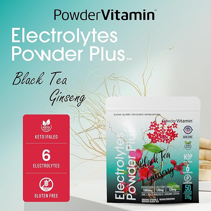 Electrolytes Powder Plus (50 Servings) Black Tea Ginseng Electrolyte Powder Keto, Sugar Free, Pink Himalayan Salt,1000mg Potassium,120mg Calcium,120mg Magnesium, Hydration Powder