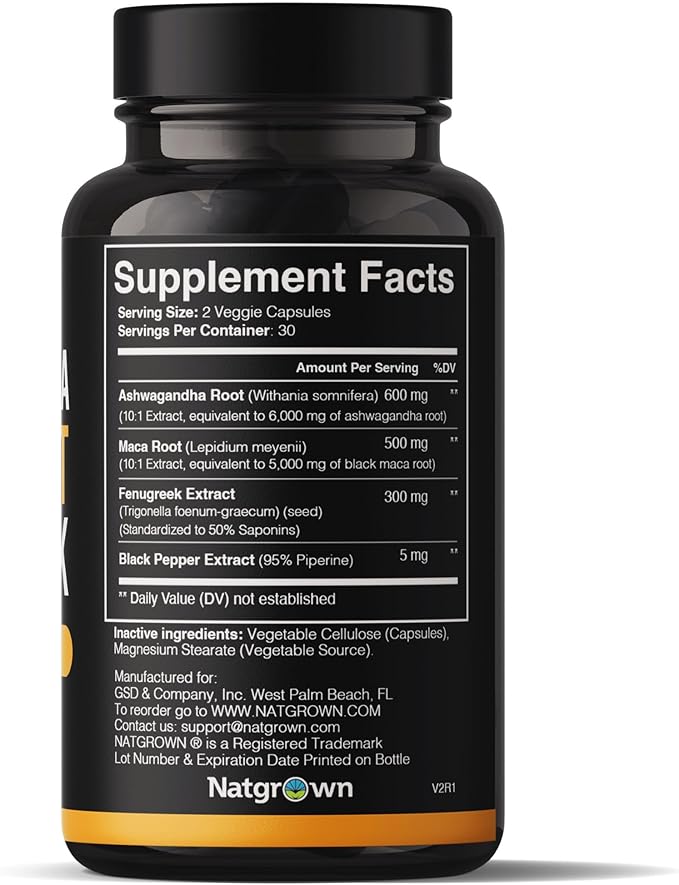Natgrown Ashwagandha Maca Root Fenugreek Extract Capsules Supplement for Men & Women - Vegan Pills - 60ct
