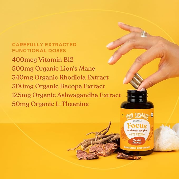 Four Sigmatic Focus Capsules | Lion's Mane Supplement Capsules | Brain Boosting Complex with Ashwagandha, Bacopa Monnieri & Rhodiola | Vegan Nootropic Adaptogen & Mushroom Supplement | 30 Servings