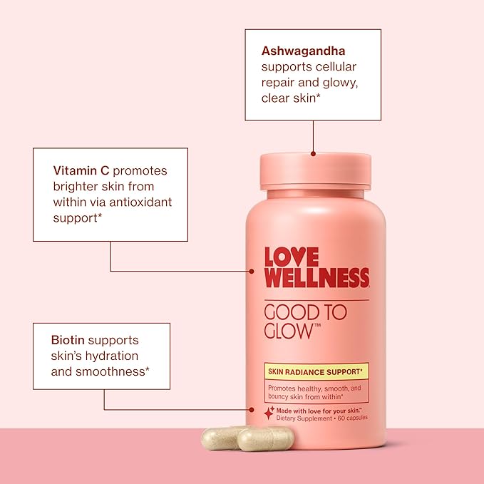 Love Wellness Good to Glow | Collagen Supplement with Biotin, Vitamin C, E, Ashwagandha & Zinc | Promotes Smooth, Glowing & Clear Skin | Enhances Smoothness & Promotes Healthy Skin | 60 Count