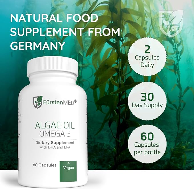 FürstenMED® Algae Oil Vegan Omega 3 - Heart, Brain & Joint Health Support - 2000mg Algae Oil of which 700mg DHA & 320mg EPA + 3,6mg Vitamin E per Daily Dose - Essential Fatty Acids