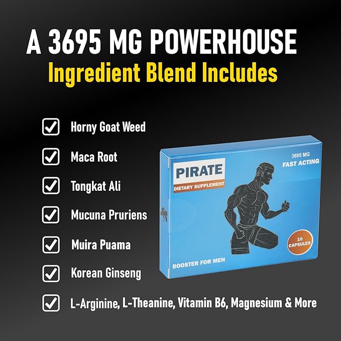 Pirate Herbal Male Supplement for Men – Fast Acting Energy & Stamina Booster with Horny Goat Weed, Maca Root, Tongkat Ali, Muira Puama & Vitamin B6 – Supports Endurance, Performance & Vitality