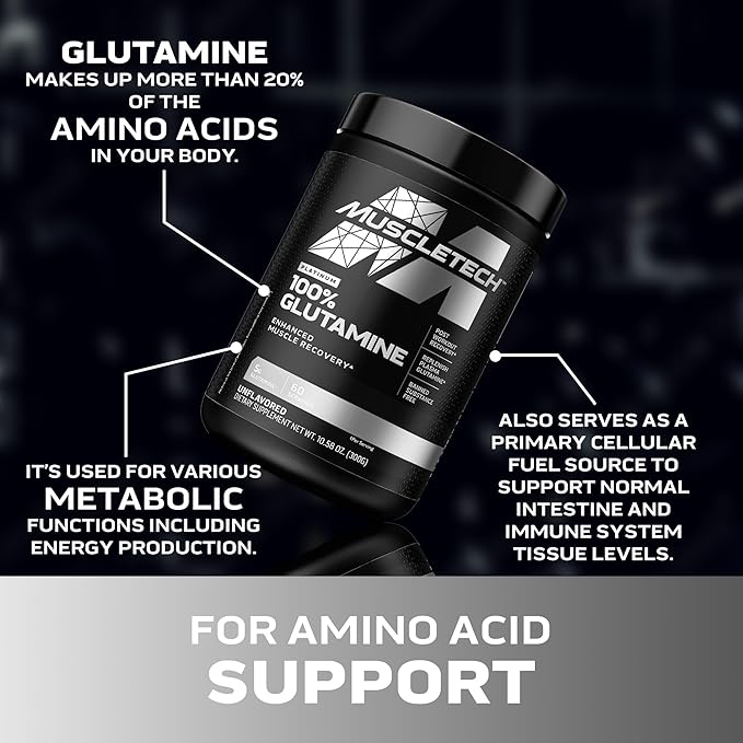 Muscletech 100% L-Glutamine Powder for Enhanced Muscle Recovery - Pure L Glutamine Muscle Growth Builder & Energy Boosting Nutritional Supplement for Men & Women - Unflavored, 60 Servings