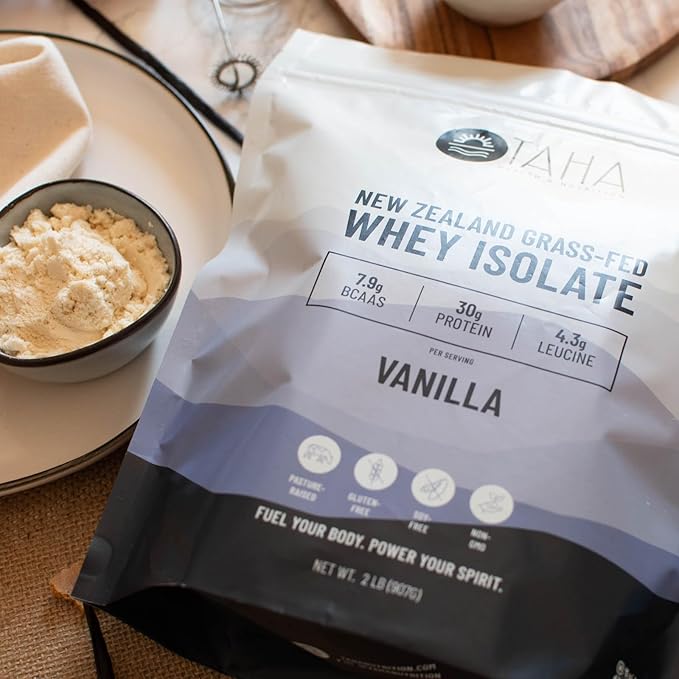 Taha Health & Nutrition Vanilla Whey Protein Isolate Powder, 30g Protein, 7.9g BCAAs, 4.3g Leucine | New Zealand Free-Range, Grass-Fed Dairy | Gluten-Free, Keto, Kosher | 2LB, 25 Servings