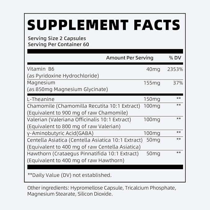 Magnesium Glycinate Complex with L-Theanine, Chamomile & GABA, Magnesium Supplement Supports Sleep, Calmness, Muscle Relaxation for Men & Women – Vegan, High-Absorption, 120 Capsules