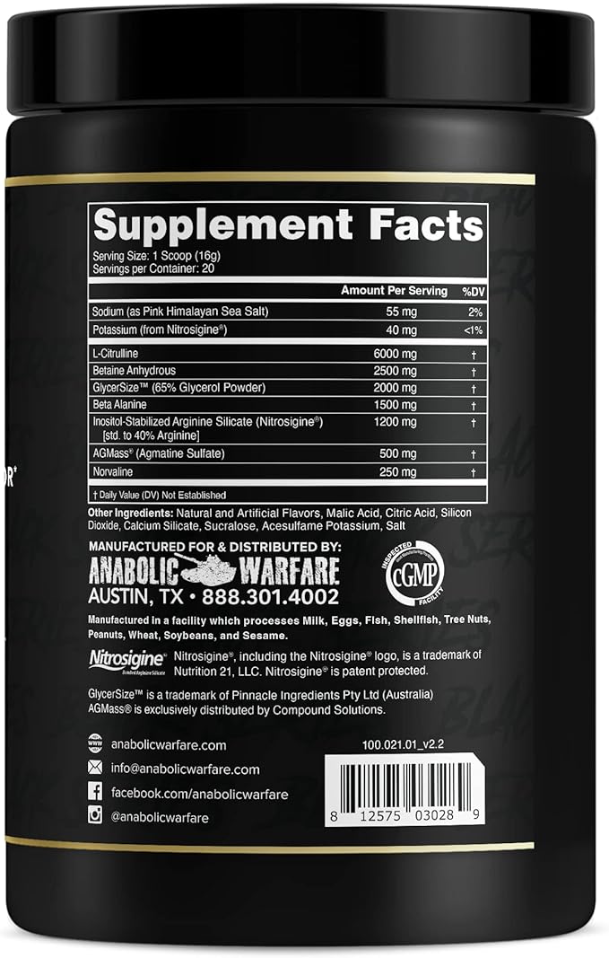 Anabolic Warfare Veiniac Muscle Pump Activator Supplement Stimulant Free Pre-Workout with L-Citrulline, Betaine Anhydrous, & Added AGMass™, Increases Nitric Oxide*, Fruit Punch 20 Servings