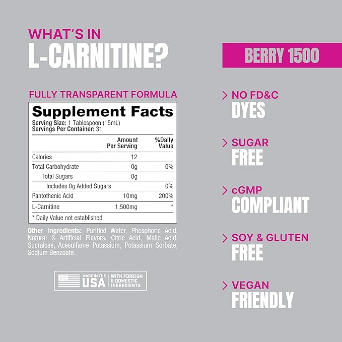 PROSUPPS L-Carnitine Liquid 1500, Stimulant-Free Liquid Shots for Men & Women - Clean Workout Drink for Energy, Performance & Muscle Recovery - No Sugar, No Carbs - 31 Servings, Berry